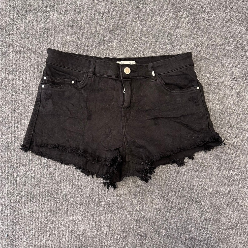 Bershka Denim Shorts Womens Size 6 Black Distressed Frayed Hem Casual Mini Short